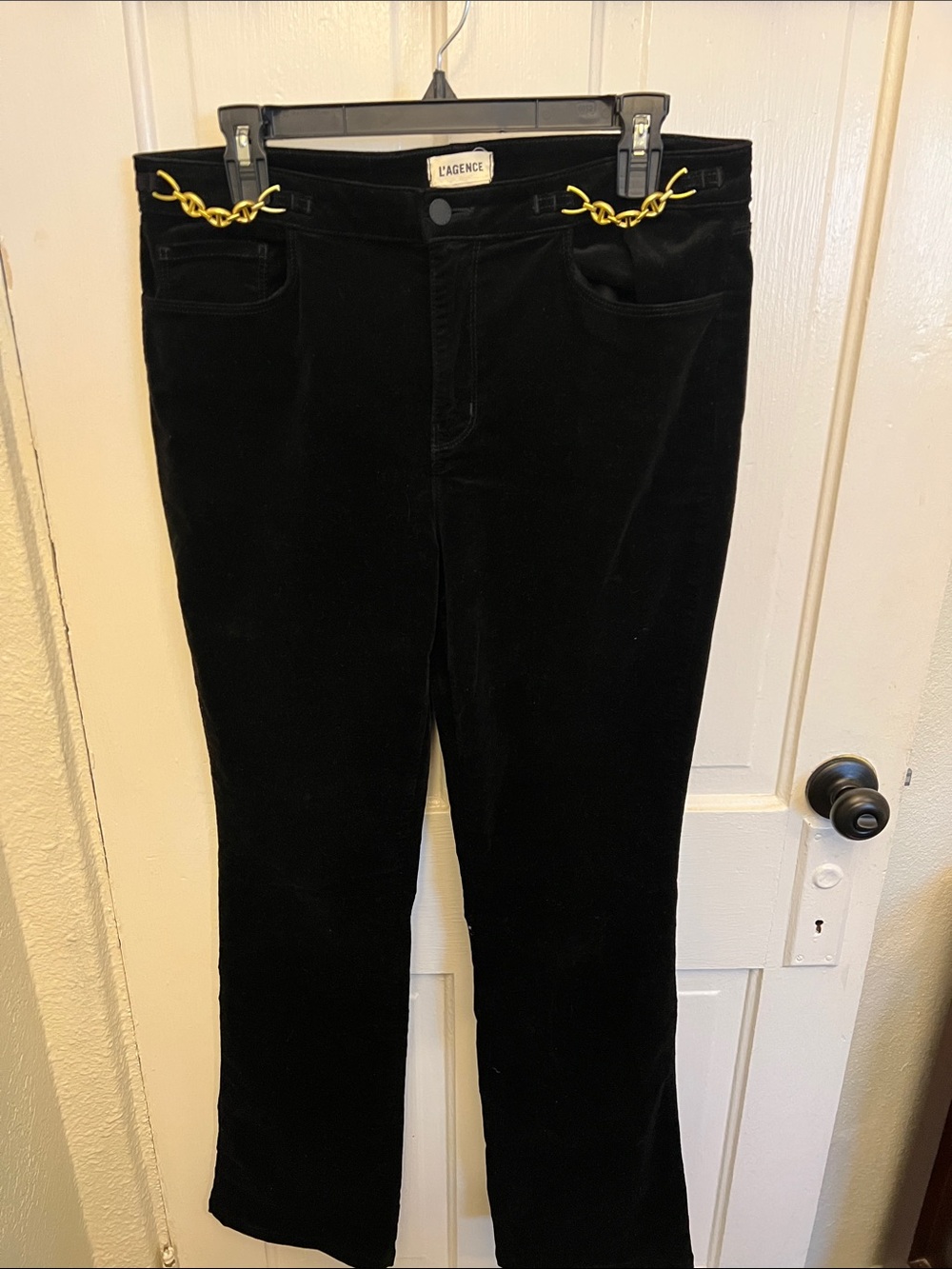L'AGENCE Black Velvet Boot Cut Pants with Gold Chain Accent